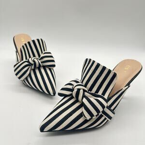 New Striped Fabric Bow Pointed Toe Black White‎ Allegra Slip On Heels Mules 7